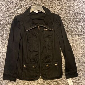 Black casual zip front, long sleeve jacket with pockets